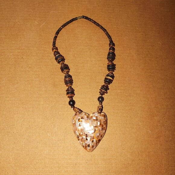 Handcrafted Heart Pendant Necklace With Beaded Brown Tones & Mosaic Shell Design - Picture 7 of 9